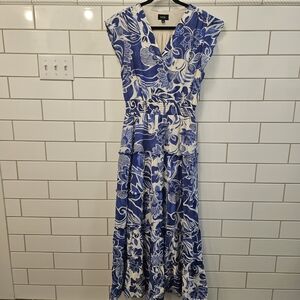 MSK Blue and White Floral V-Neck Maxi Dress